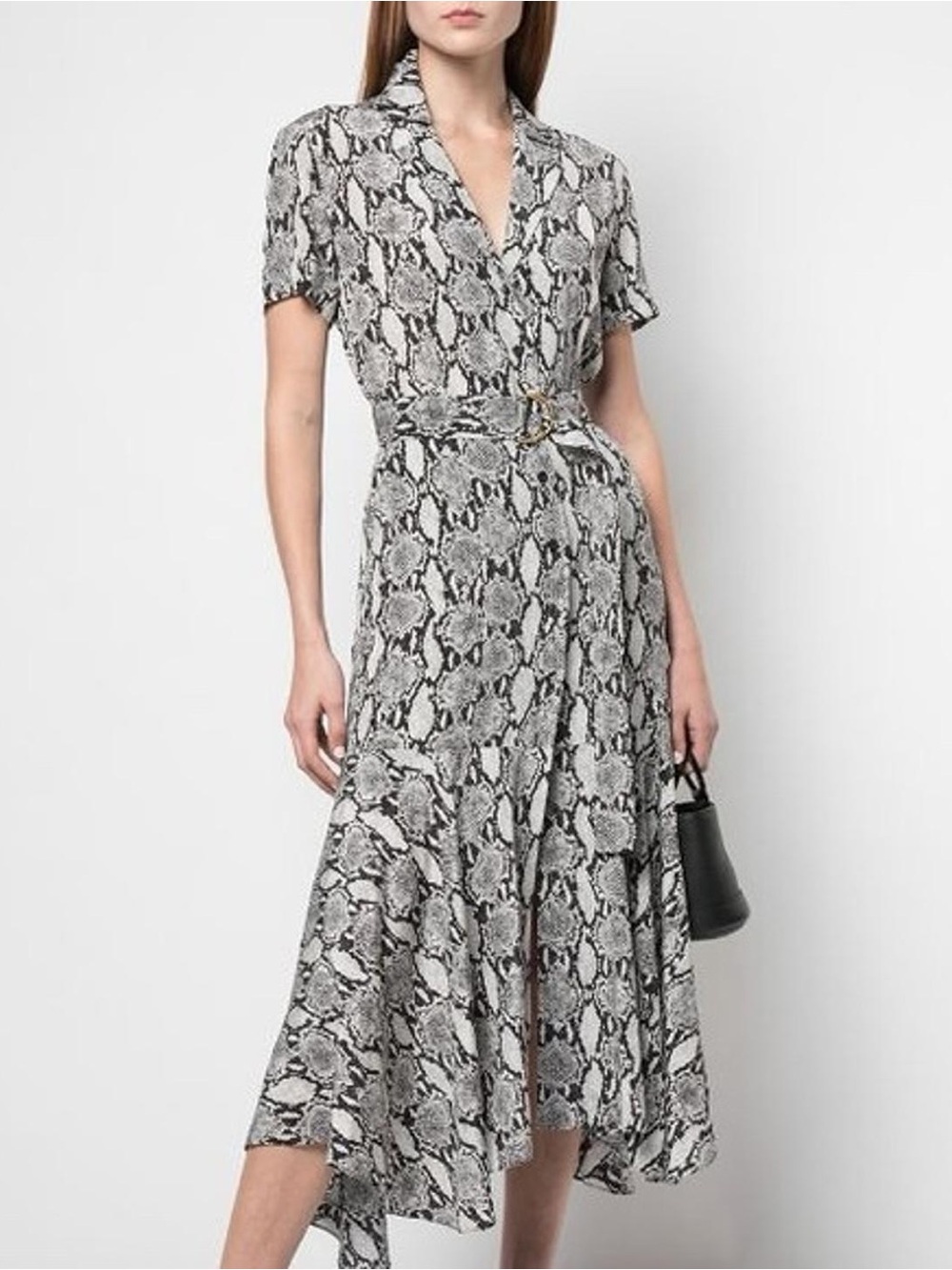 100 % silk A.L.C. Snake-Print Short Sleeve High-Low Wrap Dress - Grey/Black